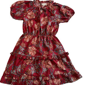 Band Of The Free Dress Puff Sleeves Tiered Skirt Tassel Tie-Neck Red Floral S